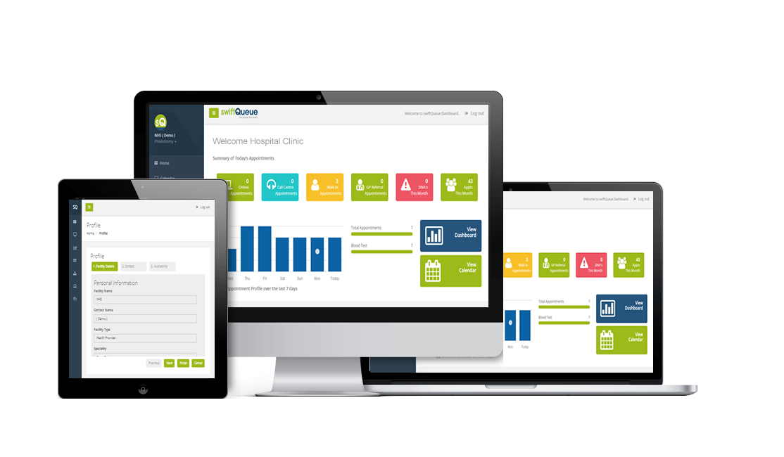 Illustration of SwiftQueue website on laptop, monitor and tablet screens